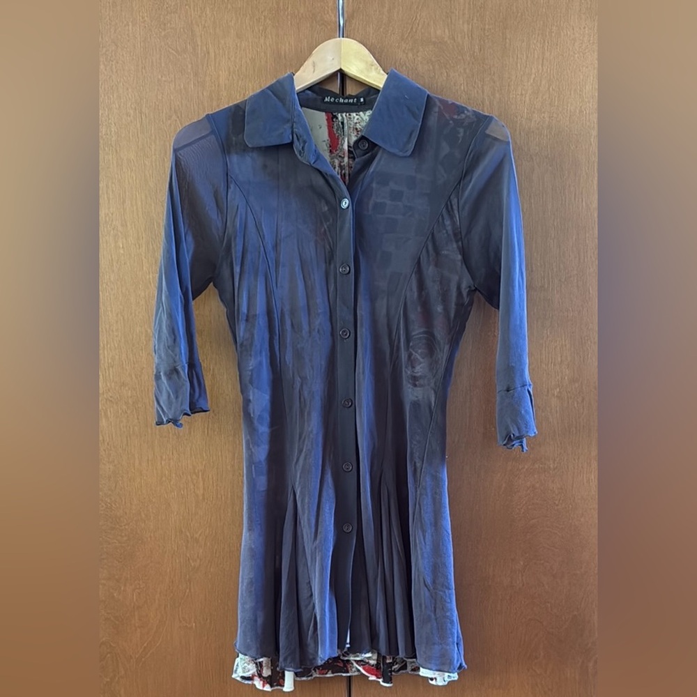 Méchant Grey Button-Up tunic length top, sheer over, multicolored lining